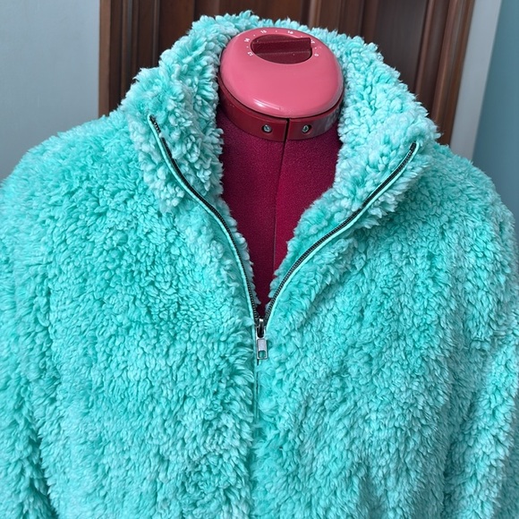 Katydid fleece jacket Faux fur Mint/ white ends add shimmer full zip front szM - Picture 2 of 13